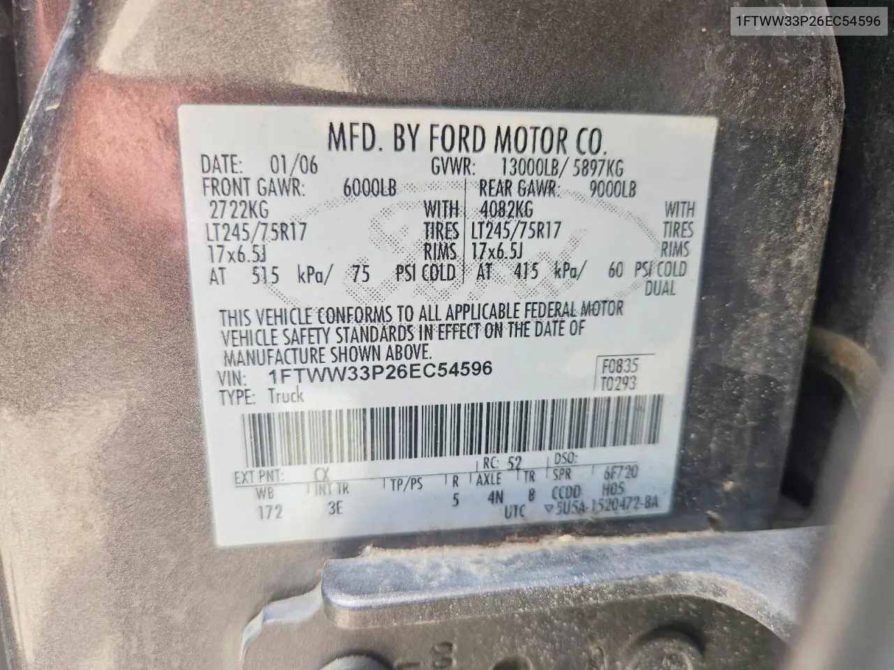 2006 Ford F350 Super Duty VIN: 1FTWW33P26EC54596 Lot: 59846636