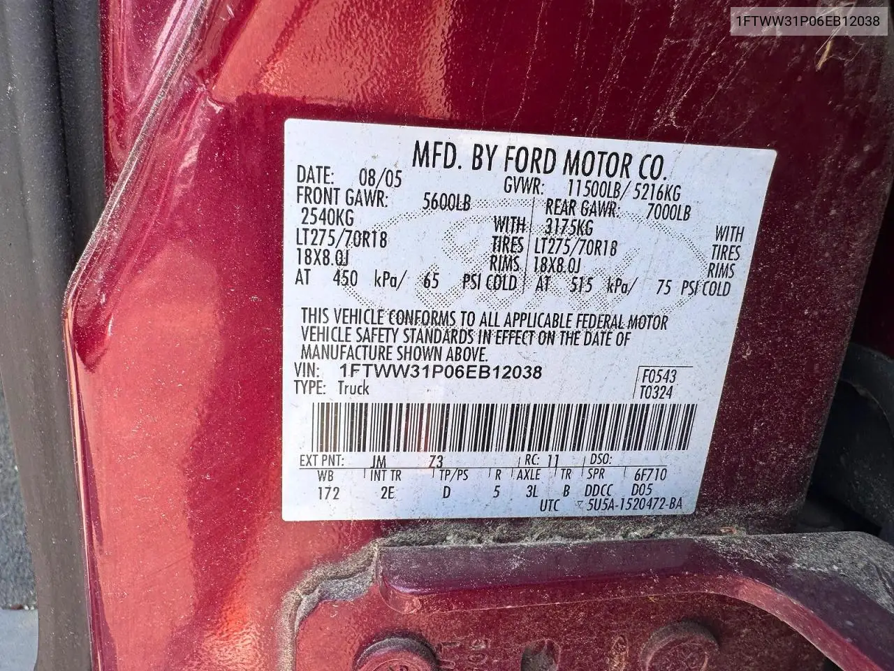 2006 Ford F350 Srw S VIN: 1FTWW31P06EB12038 Lot: 61515116