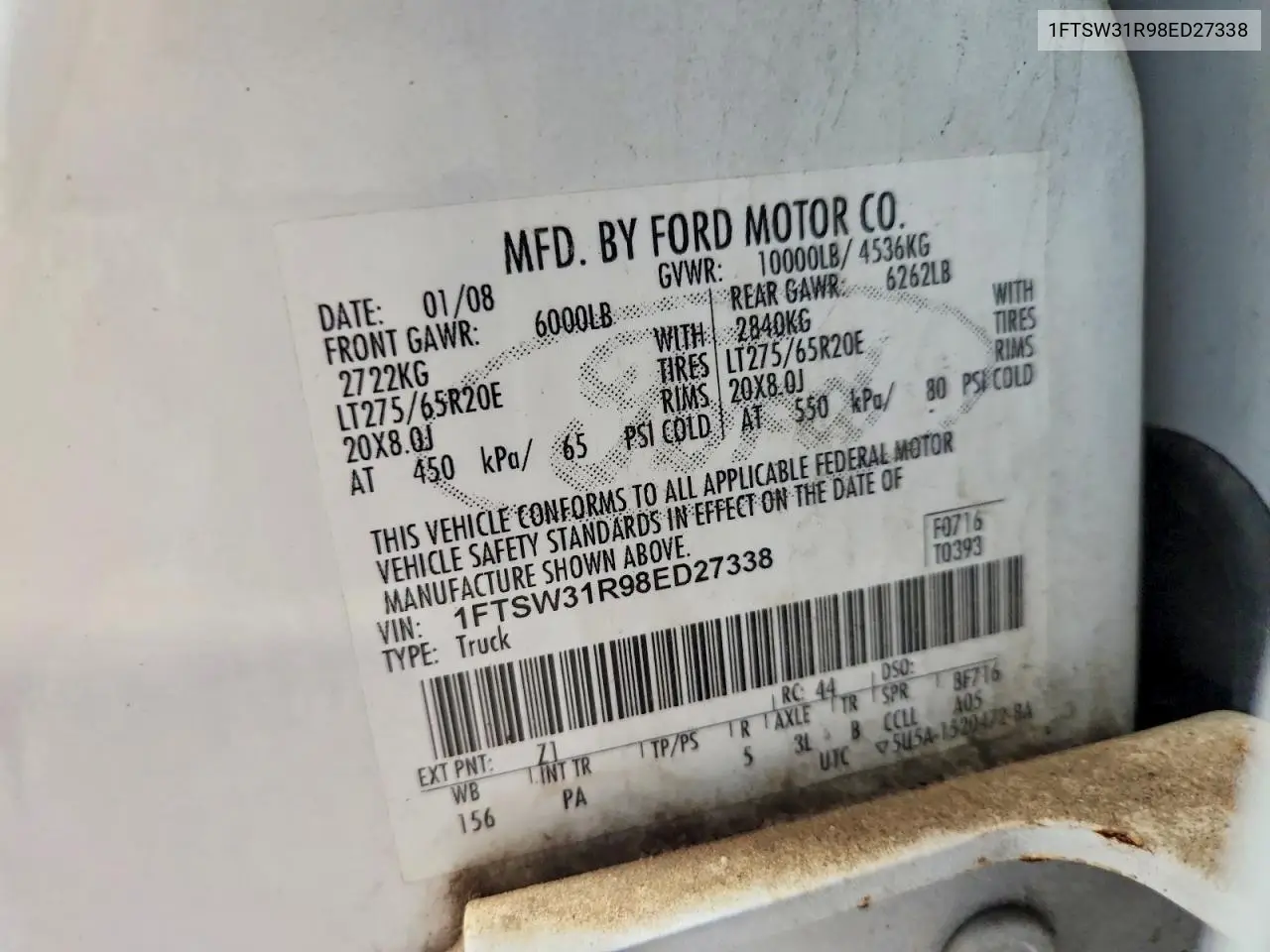 2008 Ford F350 Srw Super Duty VIN: 1FTSW31R98ED27338 Lot: 60597796