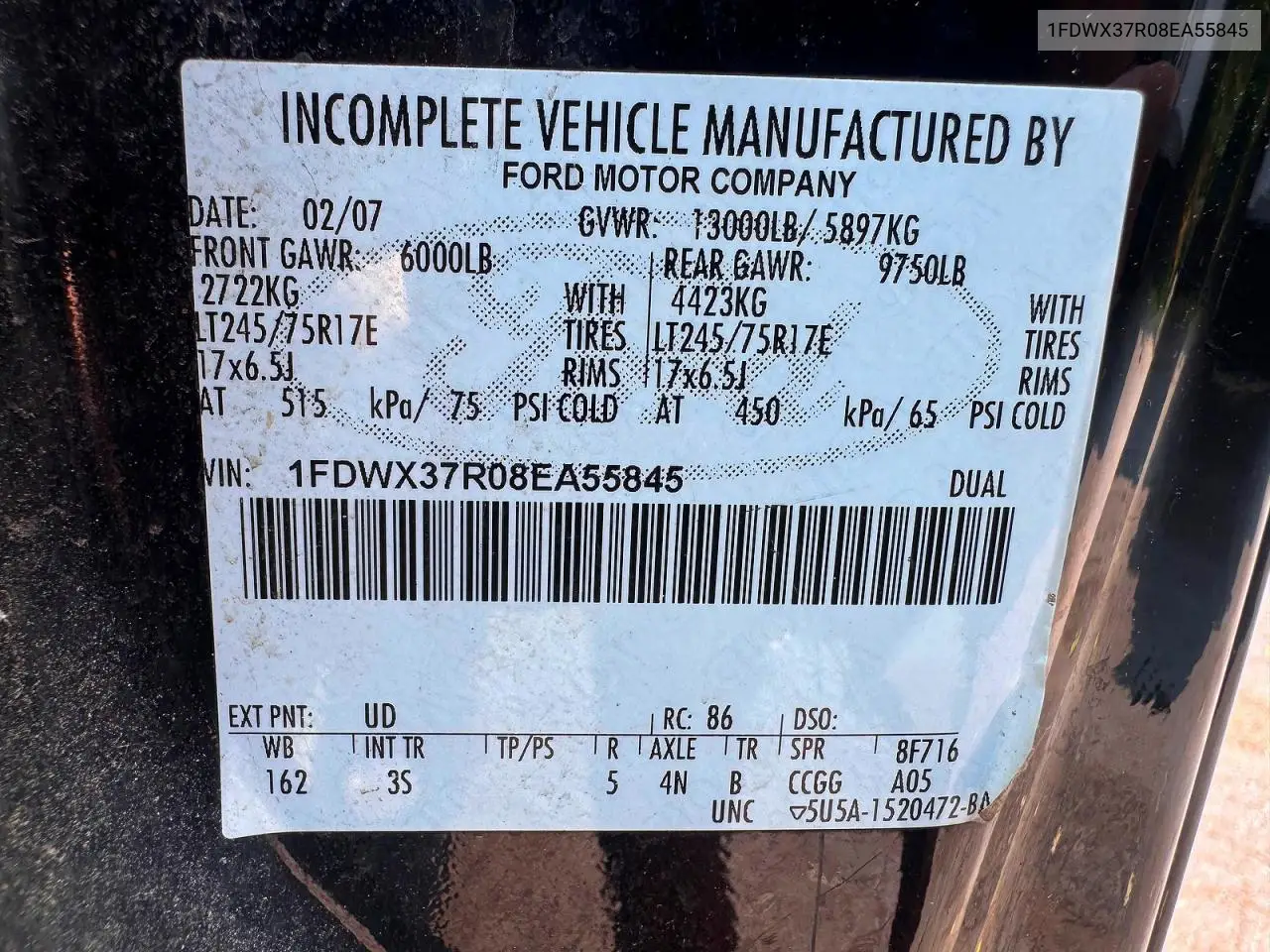 2008 Ford F350 Super VIN: 1FDWX37R08EA55845 Lot: 61571096
