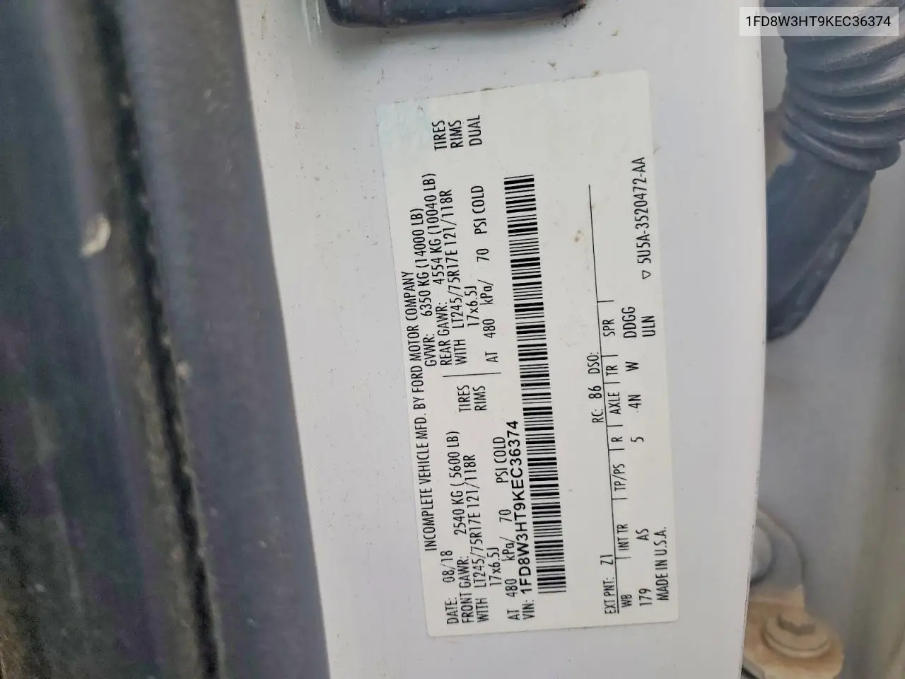 2019 Ford F350 Super Duty VIN: 1FD8W3HT9KEC36374 Lot: 58407996
