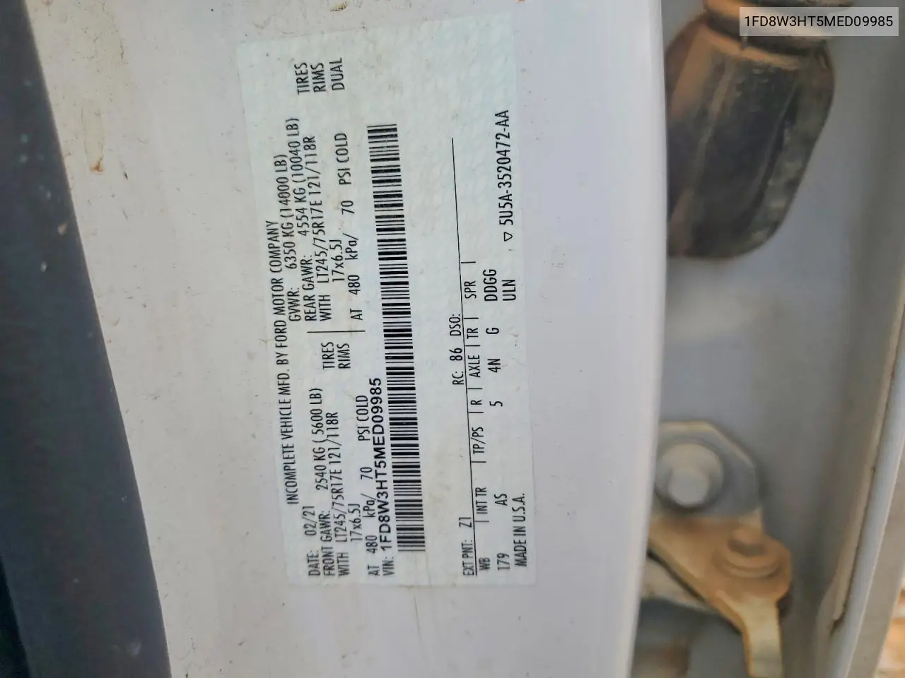 2021 Ford F350 Super Duty VIN: 1FD8W3HT5MED09985 Lot: 59816316