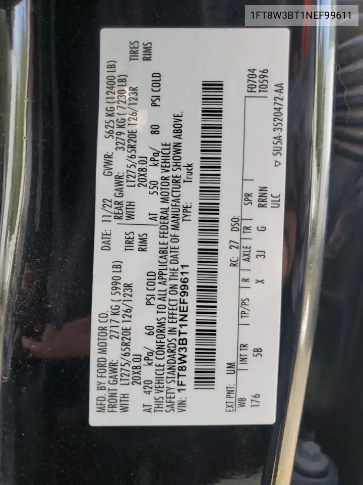 1FT8W3BT1NEF99611 2022 Ford F350 Super Duty