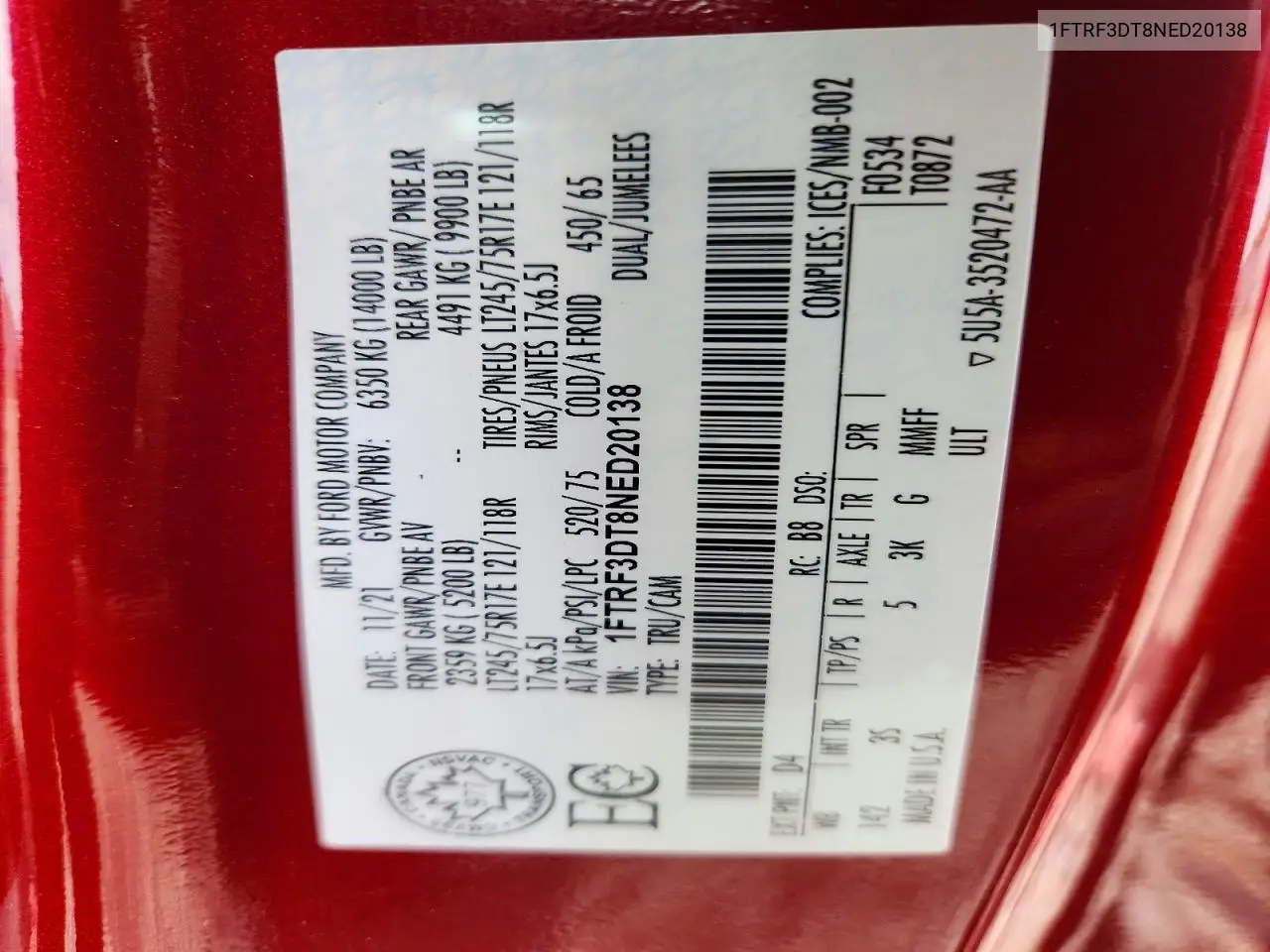 2022 Ford F350 Super Duty VIN: 1FTRF3DT8NED20138 Lot: 57768466