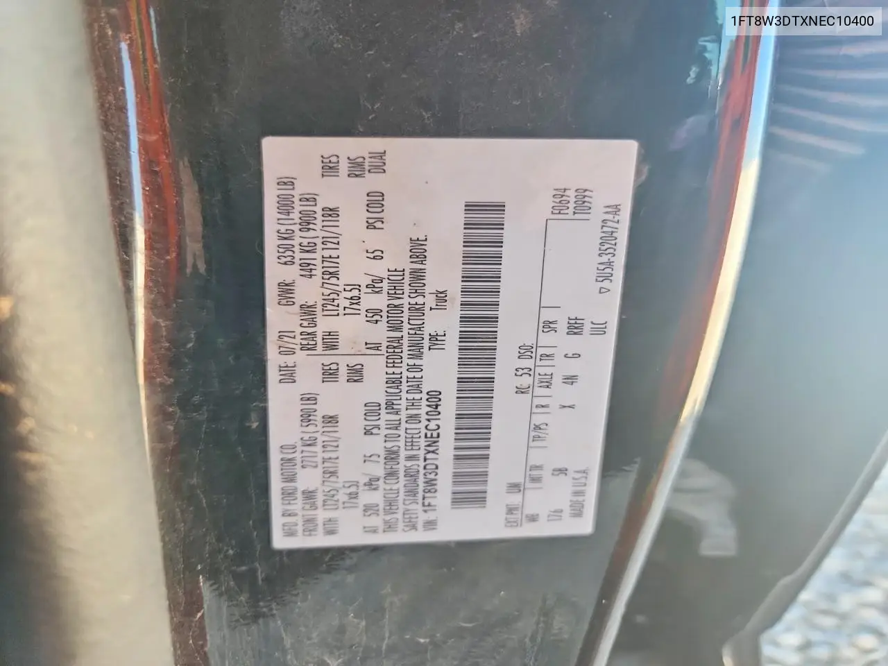 2022 Ford F350 Super Duty VIN: 1FT8W3DTXNEC10400 Lot: 60003736