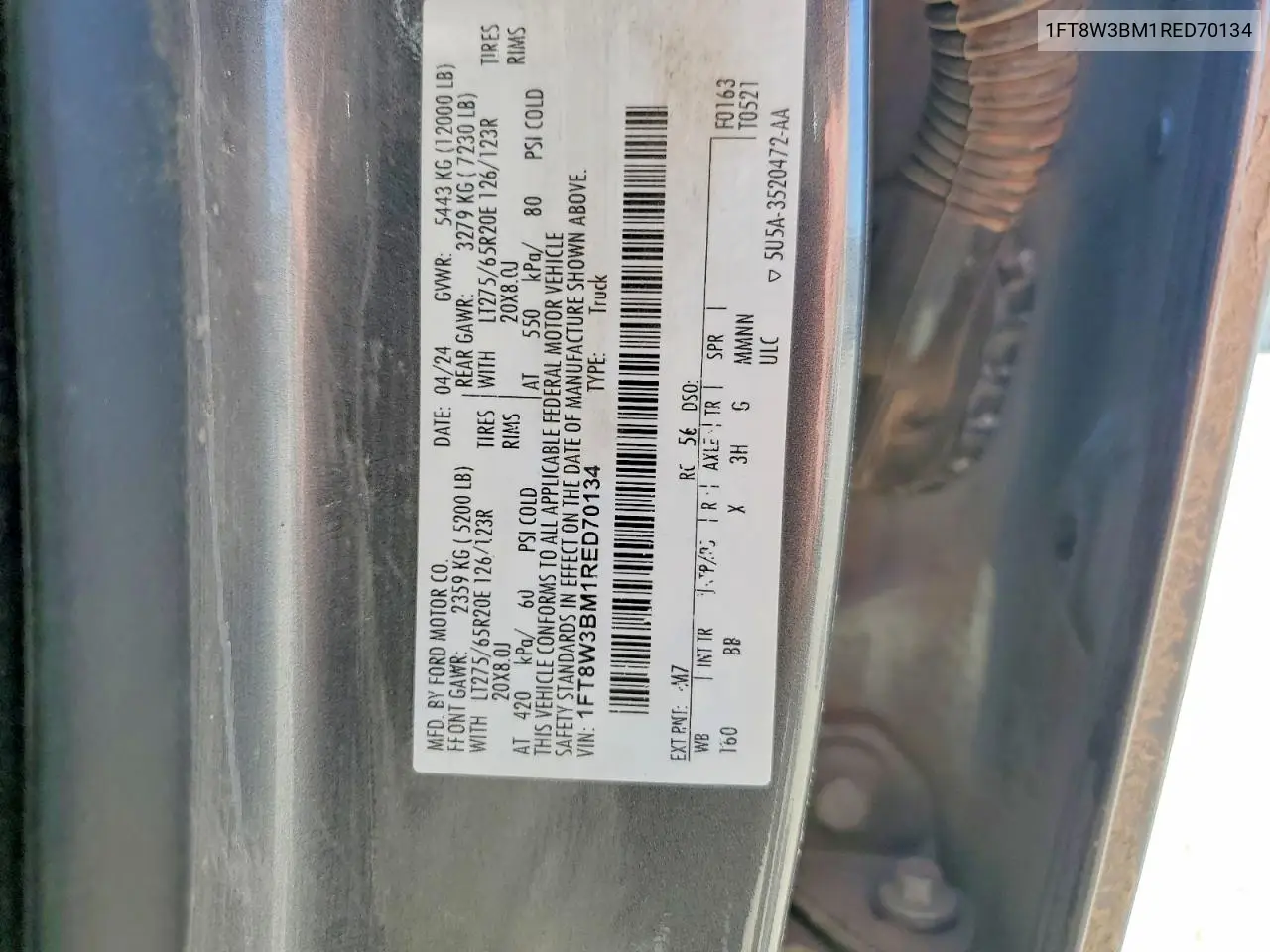 2024 Ford F350 Super Duty VIN: 1FT8W3BM1RED70134 Lot: 57062216