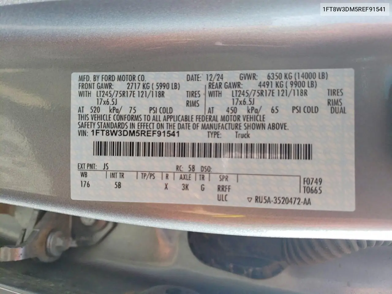 2024 Ford F350 Super Duty VIN: 1FT8W3DM5REF91541 Lot: 60976856