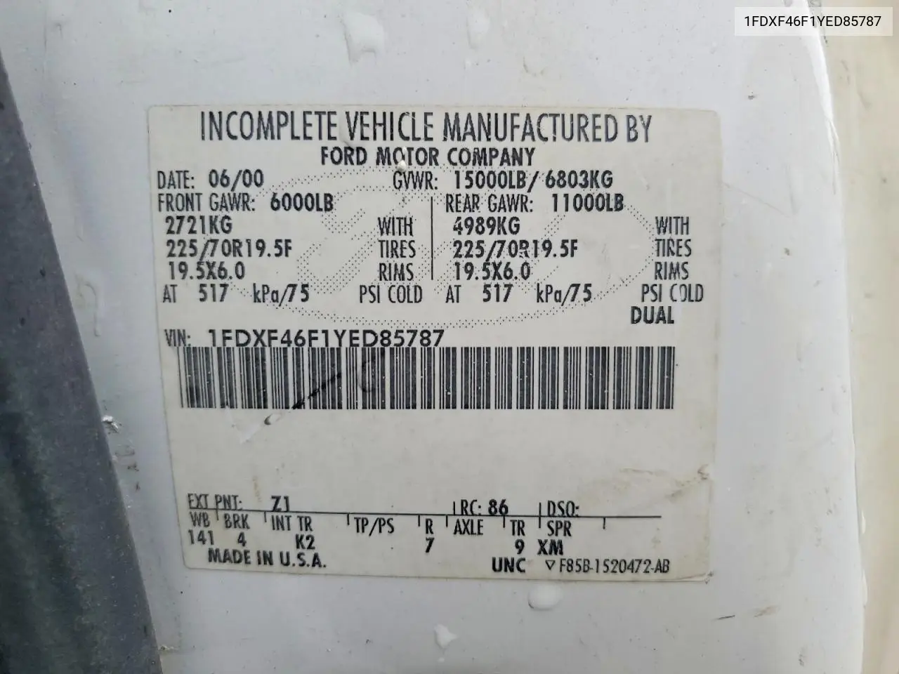 2000 Ford F450 Super Duty VIN: 1FDXF46F1YED85787 Lot: 54422546