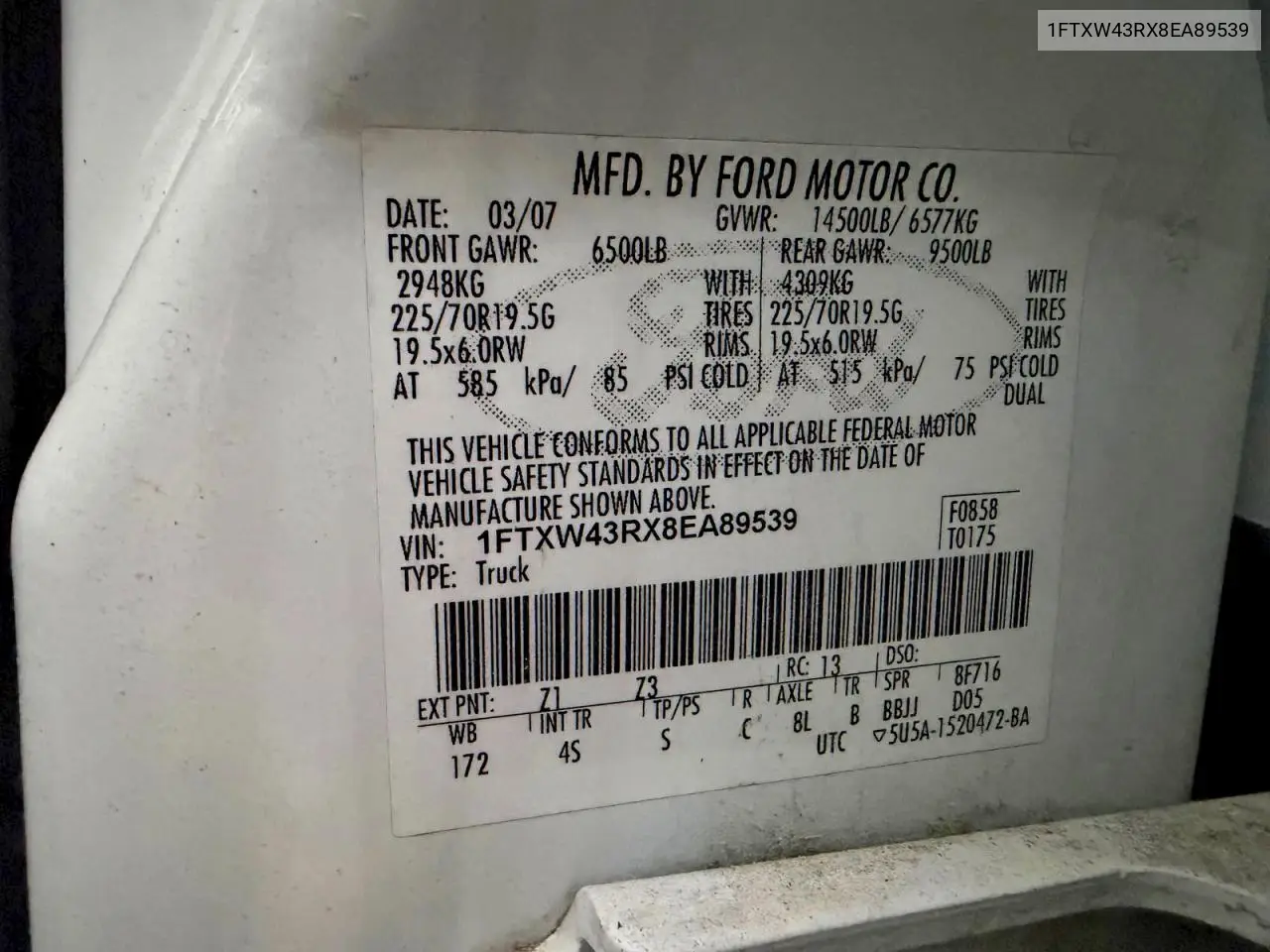 2008 Ford F450 Super Duty VIN: 1FTXW43RX8EA89539 Lot: 61508906