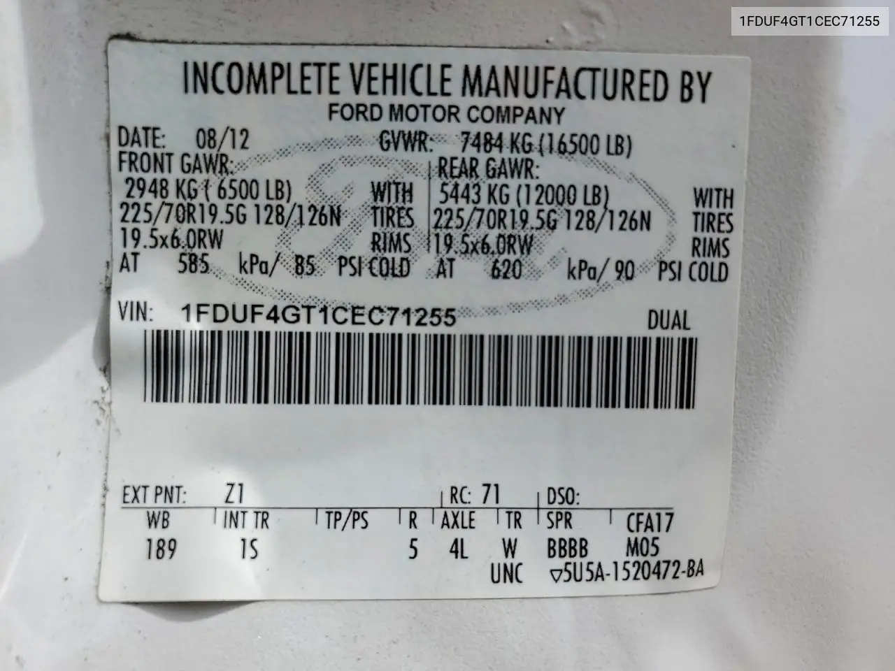 2012 Ford F450 Super Duty VIN: 1FDUF4GT1CEC71255 Lot: 60981676