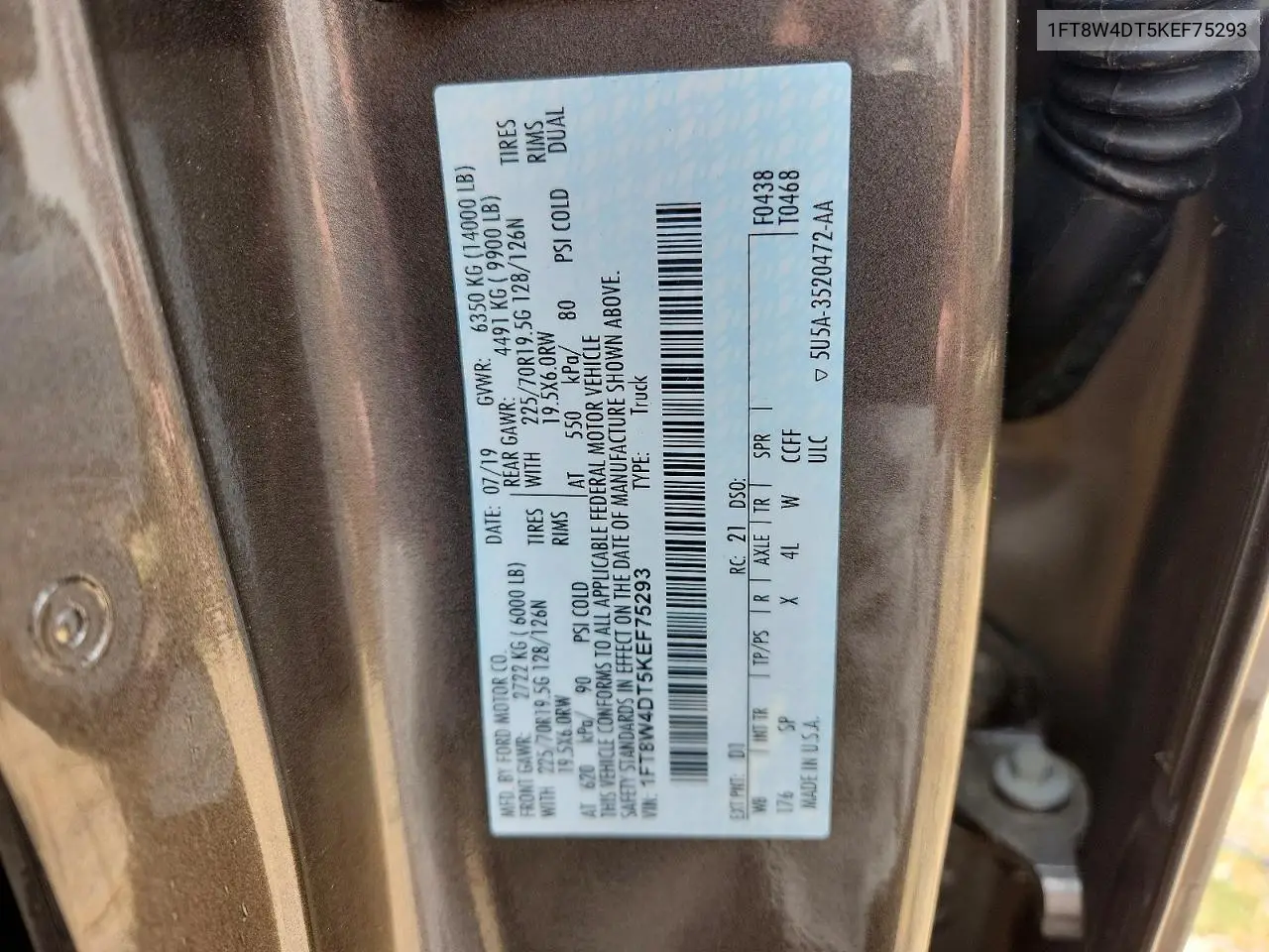 2019 Ford F450 Super Duty VIN: 1FT8W4DT5KEF75293 Lot: 58765446