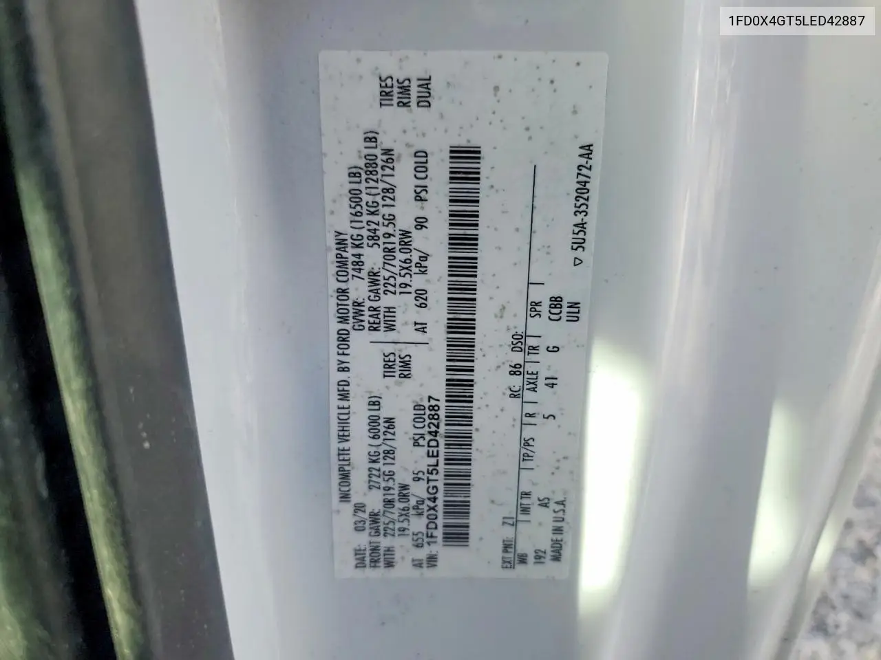 2020 Ford F-450 Sd- Act Miles, Exempt On The Title VIN: 1FD0X4GT5LED42887 Lot: 57092666