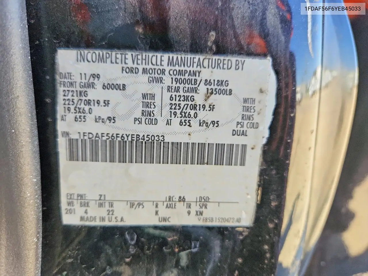 2000 Ford F550 Super Duty VIN: 1FDAF56F6YEB45033 Lot: 56196796