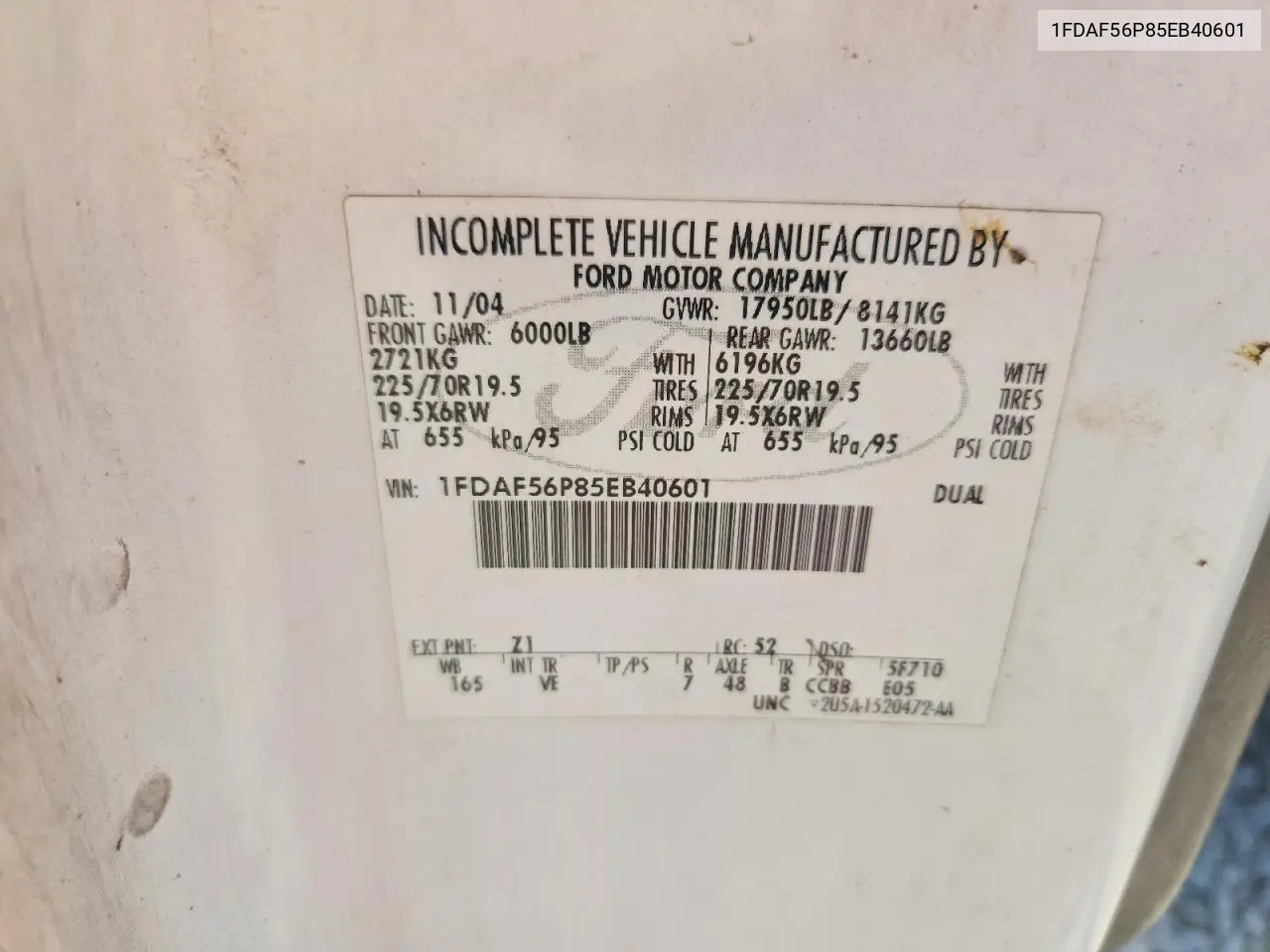 2005 Ford F550 Super Duty VIN: 1FDAF56P85EB40601 Lot: 58112456