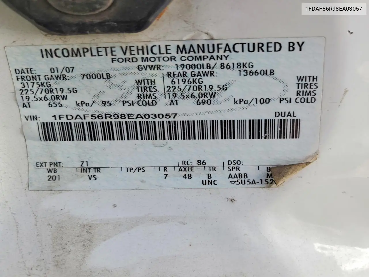 2008 Ford F550 Super Duty VIN: 1FDAF56R98EA03057 Lot: 56722346