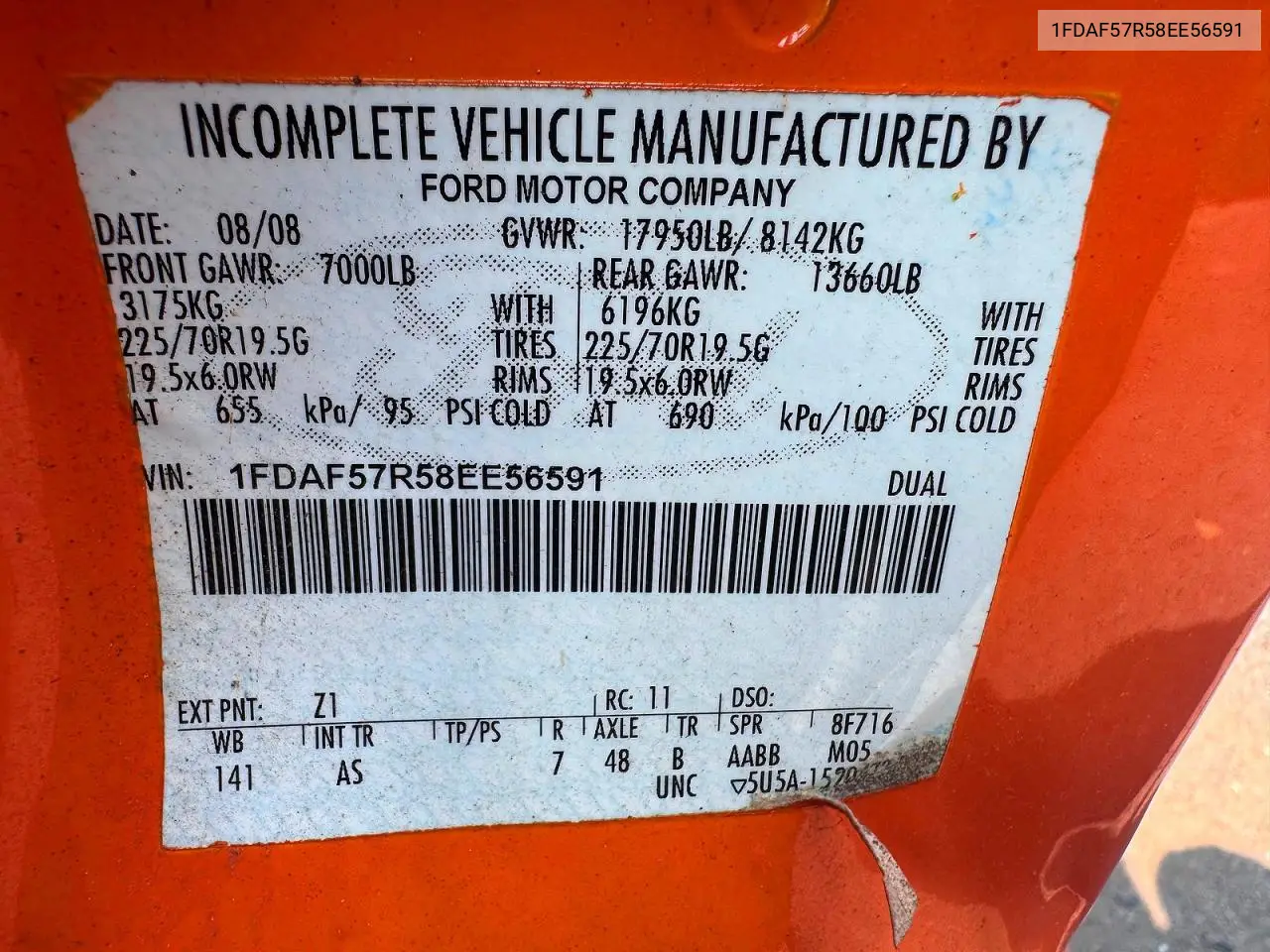 2008 Ford F550 Super Duty VIN: 1FDAF57R58EE56591 Lot: 61569556