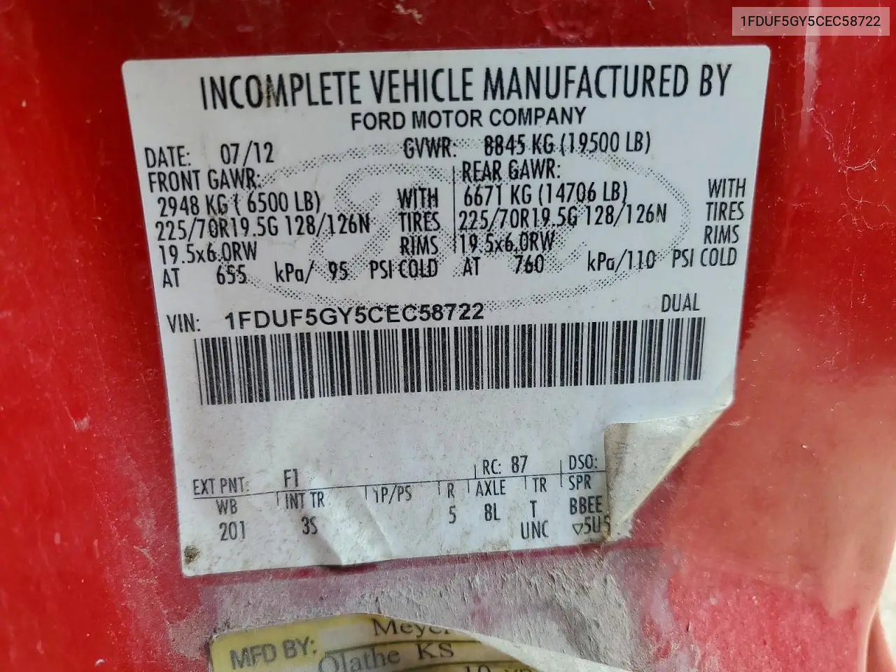 2012 Ford F550 Super Duty VIN: 1FDUF5GY5CEC58722 Lot: 60469586
