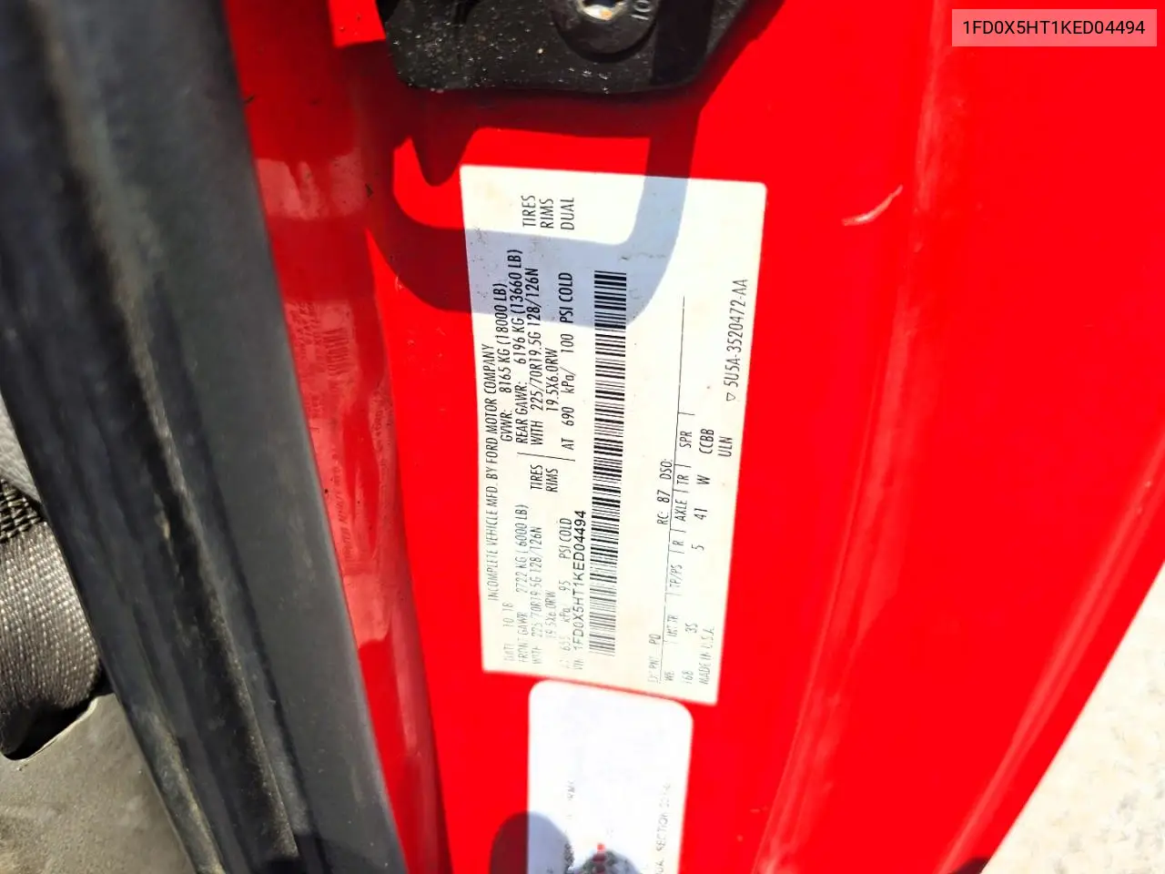 2019 Ford F550Xxltsd Delivery Truck VIN: 1FD0X5HT1KED04494 Lot: 62483506