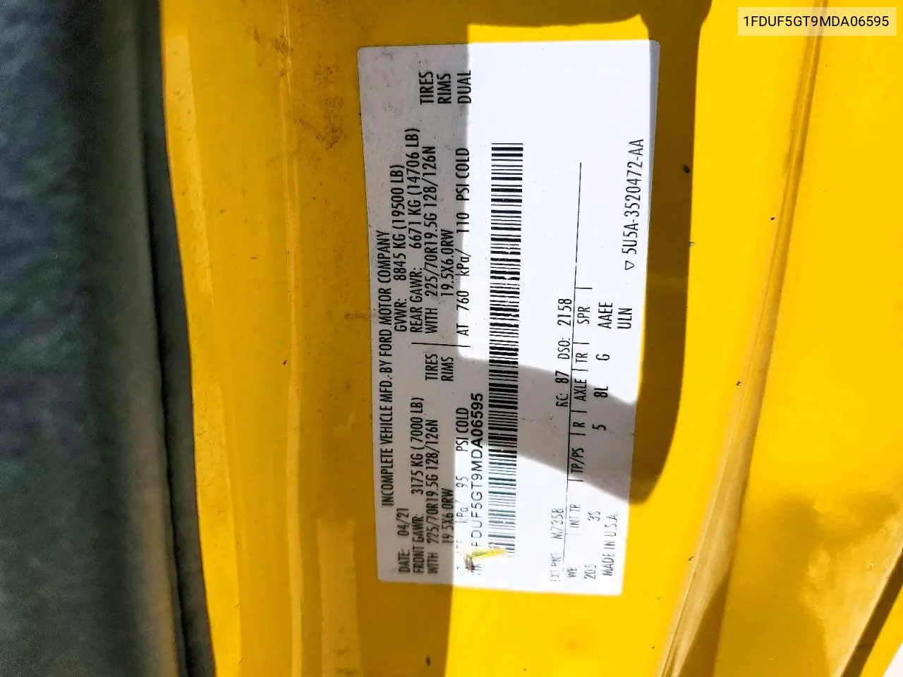 2021 Ford F550 Super Duty VIN: 1FDUF5GT9MDA06595 Lot: 55413546