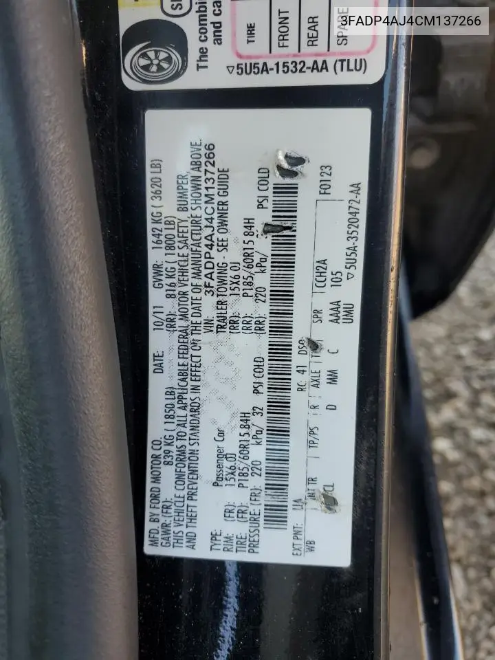 3FADP4AJ4CM137266 2012 Ford Fiesta S