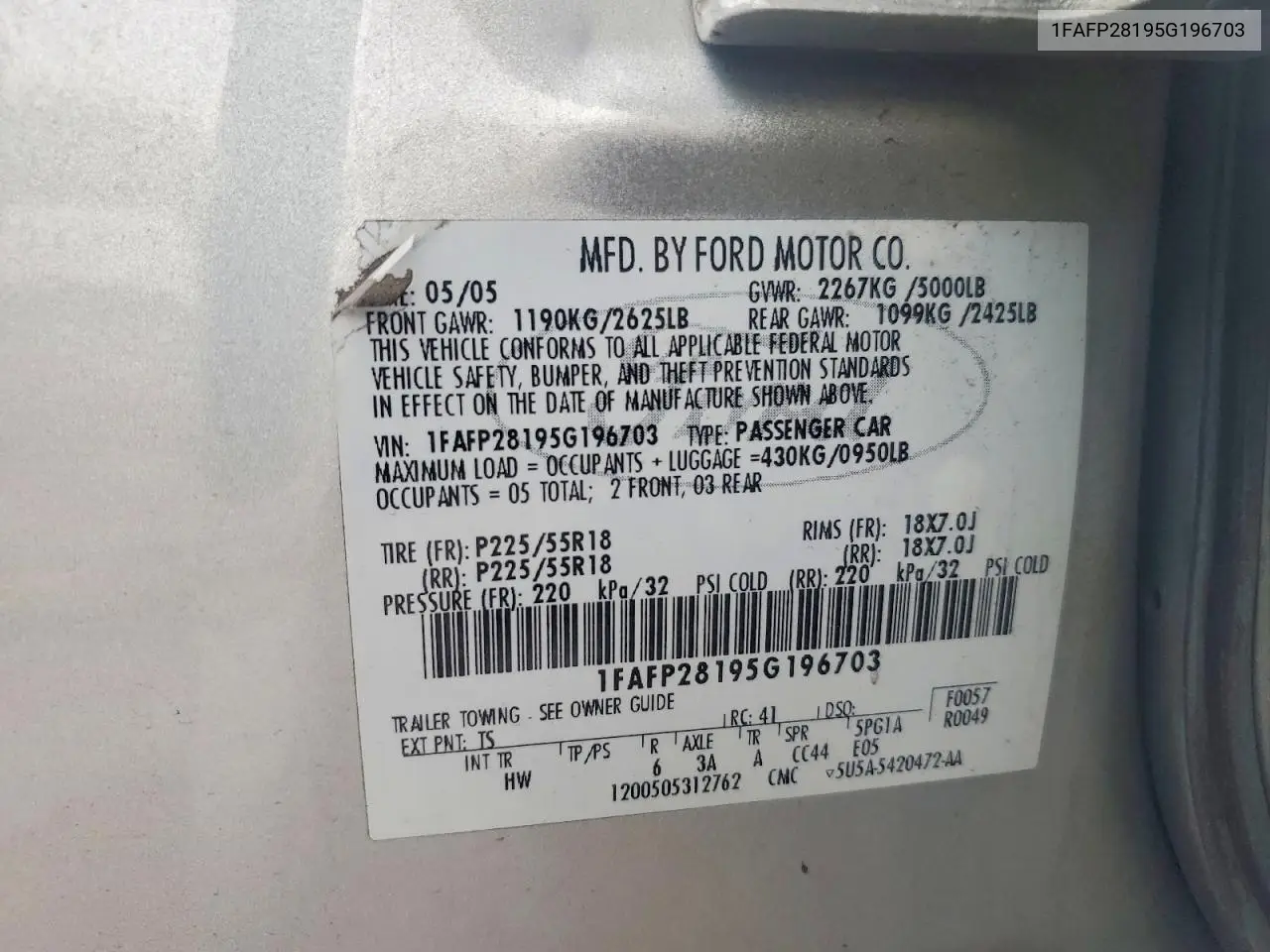 2005 Ford Five Hundred Limited VIN: 1FAFP28195G196703 Lot: 76640985