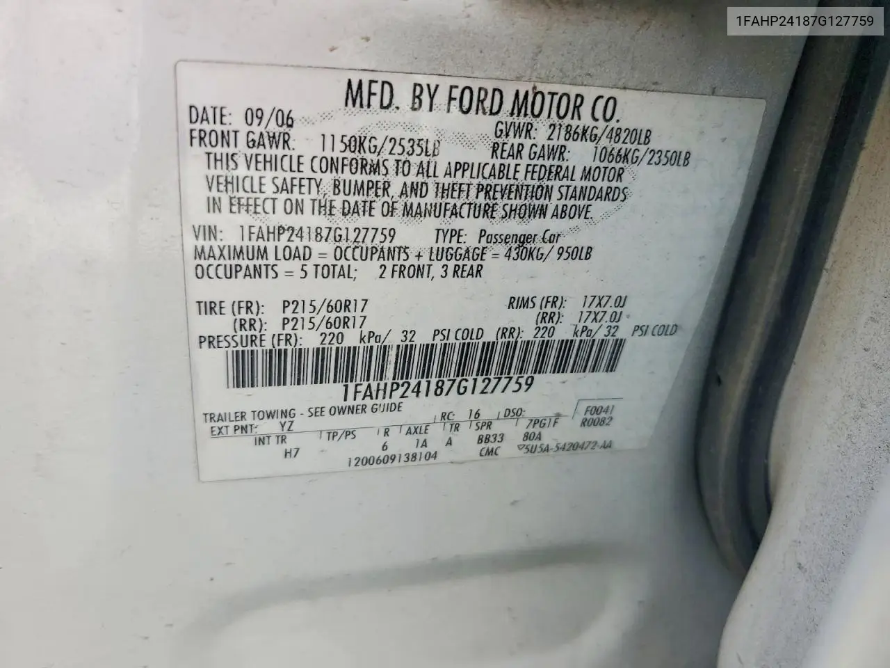 2007 Ford Five Hundred Sel VIN: 1FAHP24187G127759 Lot: 49944666