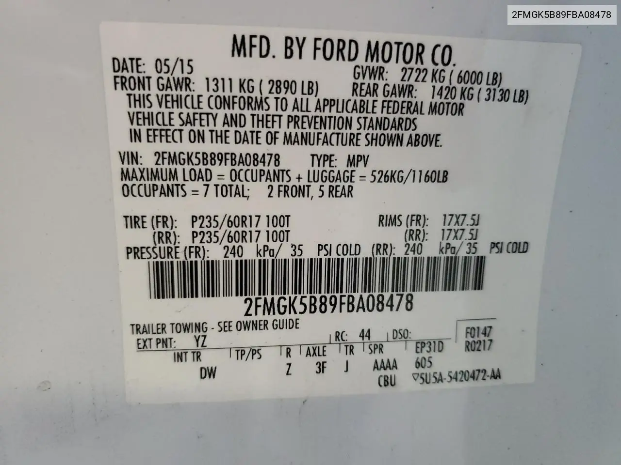 2FMGK5B89FBA08478 2015 Ford Flex Se