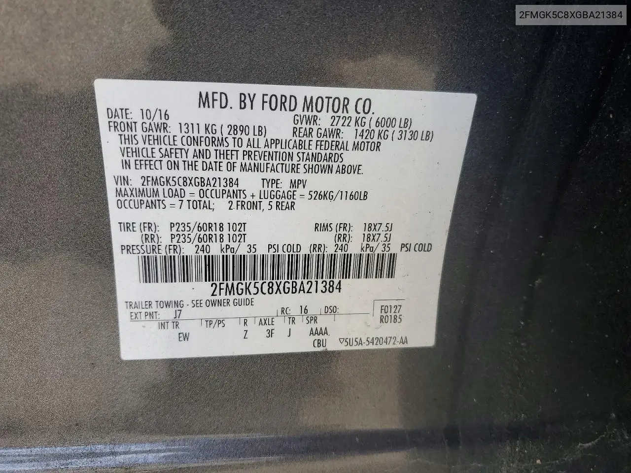 2016 Ford Flex Sel VIN: 2FMGK5C8XGBA21384 Lot: 58828676