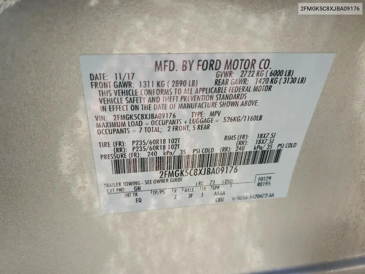 2018 Ford Flex Sel VIN: 2FMGK5C8XJBA09176 Lot: 59378616
