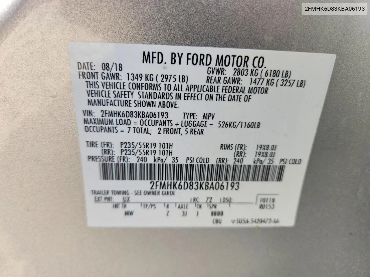 2019 Ford Flex Limited VIN: 2FMHK6D83KBA06193 Lot: 55886606