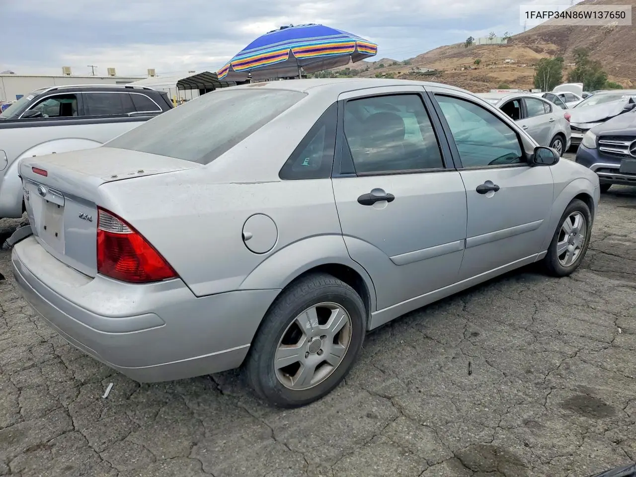 2006 Ford Focus Zx4 VIN: 1FAFP34N86W137650 Lot: 62061686