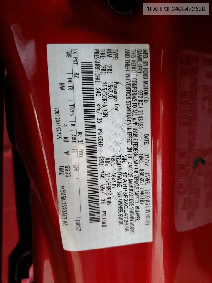 1FAHP3F24CL472638 2012 Ford Focus Se