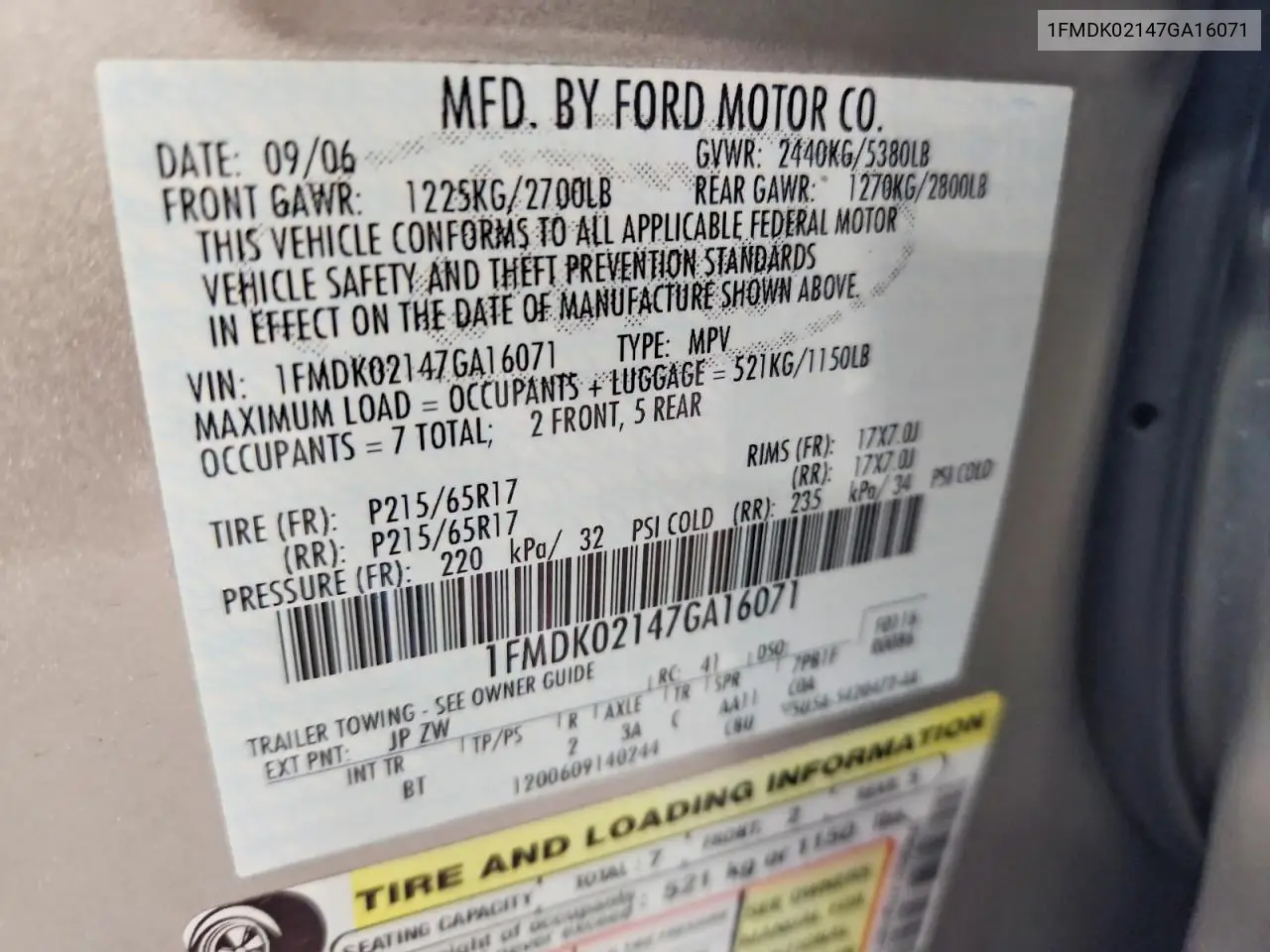 2007 Ford Freestyle Sel VIN: 1FMDK02147GA16071 Lot: 60764826