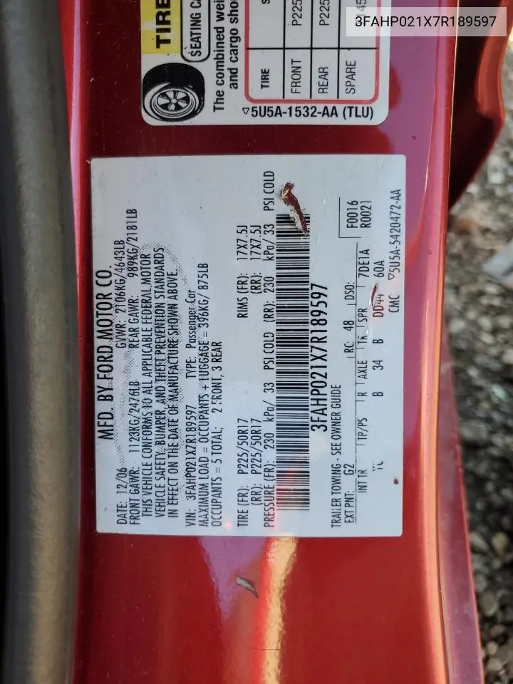 3FAHP021X7R189597 2007 Ford Fusion Sel
