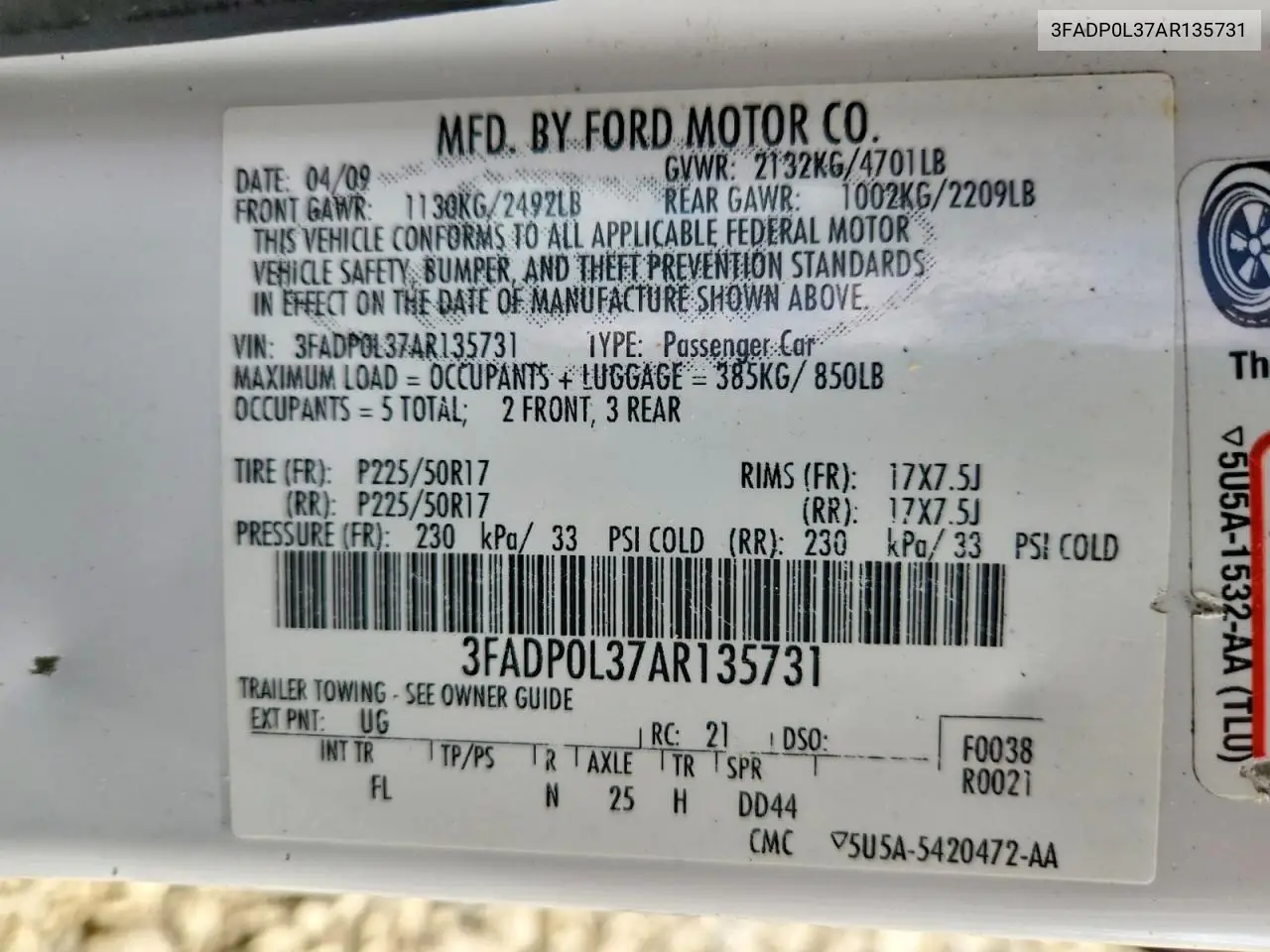 2010 Ford Fusion Hybrid VIN: 3FADP0L37AR135731 Lot: 61792706