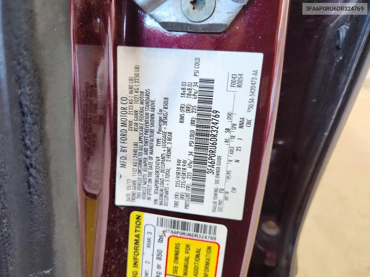 2013 Ford Fusion Titanium Hev VIN: 3FA6P0RU6DR324769 Lot: 61581586