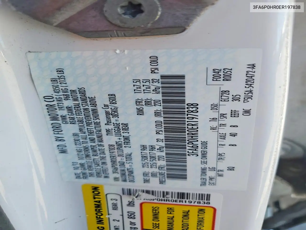 2014 Ford Fusion Se VIN: 3FA6P0HR0ER197838 Lot: 61846446