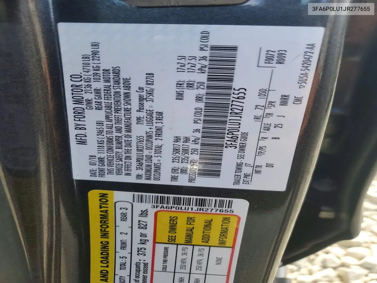 2018 Ford Fusion Se Hybrid VIN: 3FA6P0LU1JR277655 Lot: 62070646