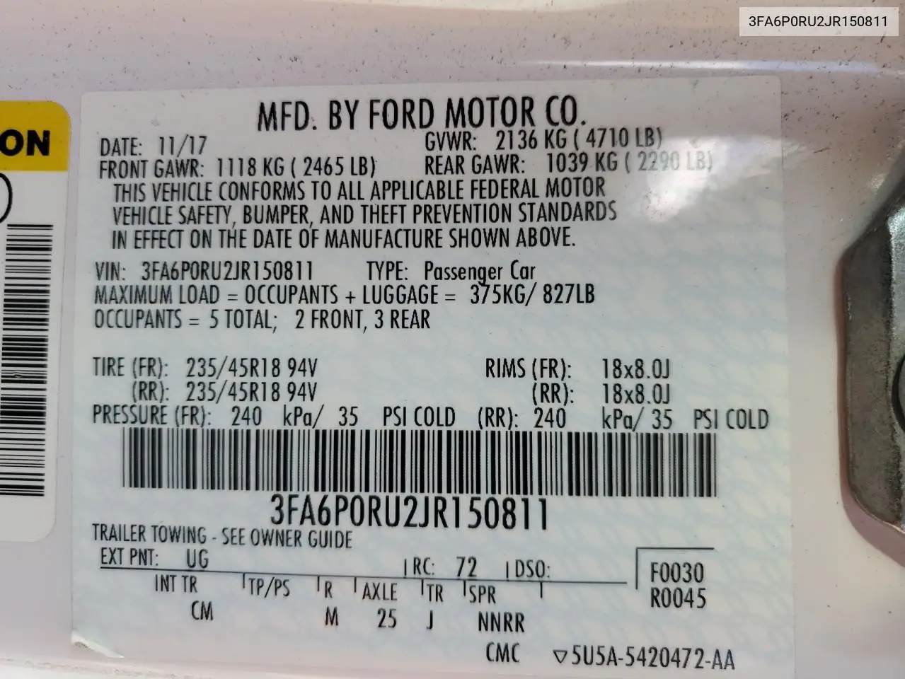 3FA6P0RU2JR150811 2018 Ford Fusion Titanium/Platinum Hev