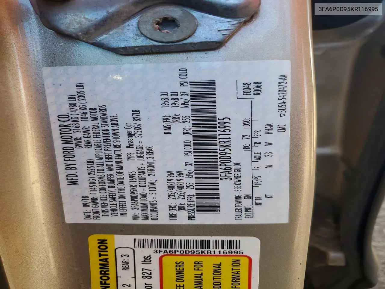 2019 Ford Fusion Titanium VIN: 3FA6P0D95KR116995 Lot: 55860716