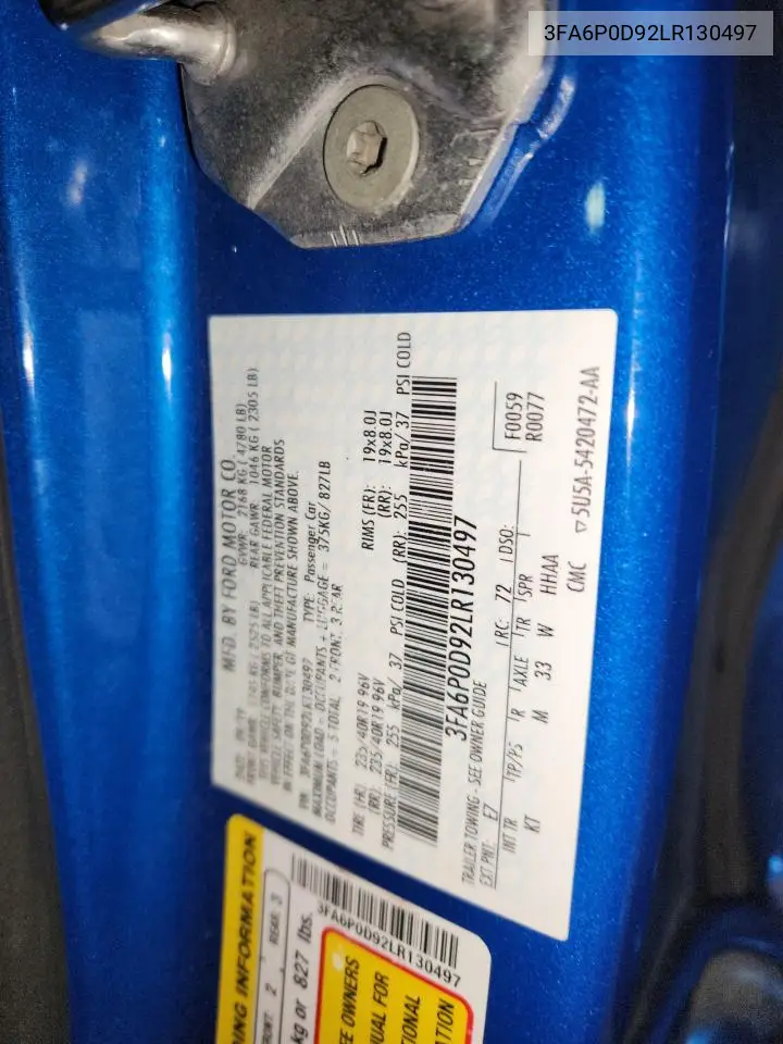 3FA6P0D92LR130497 2020 Ford Fusion Titanium