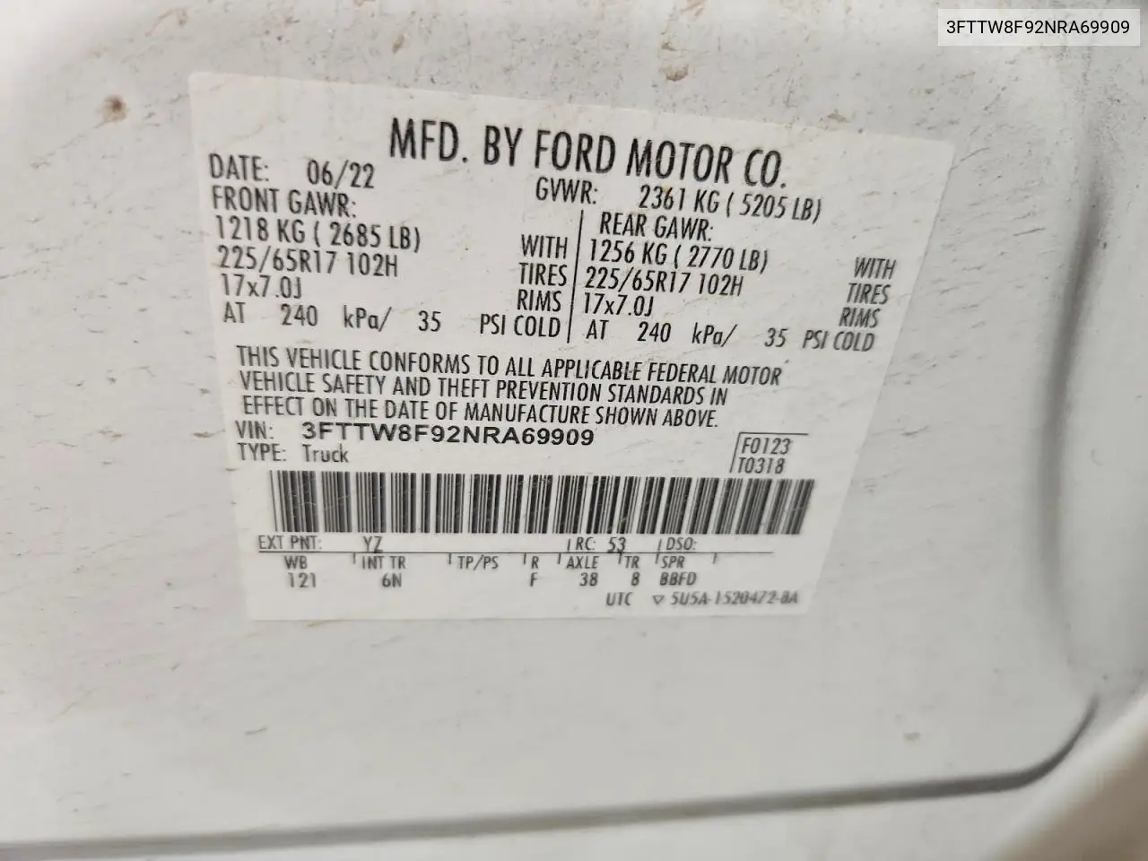 2022 Ford Maverick Xl VIN: 3FTTW8F92NRA69909 Lot: 60520756
