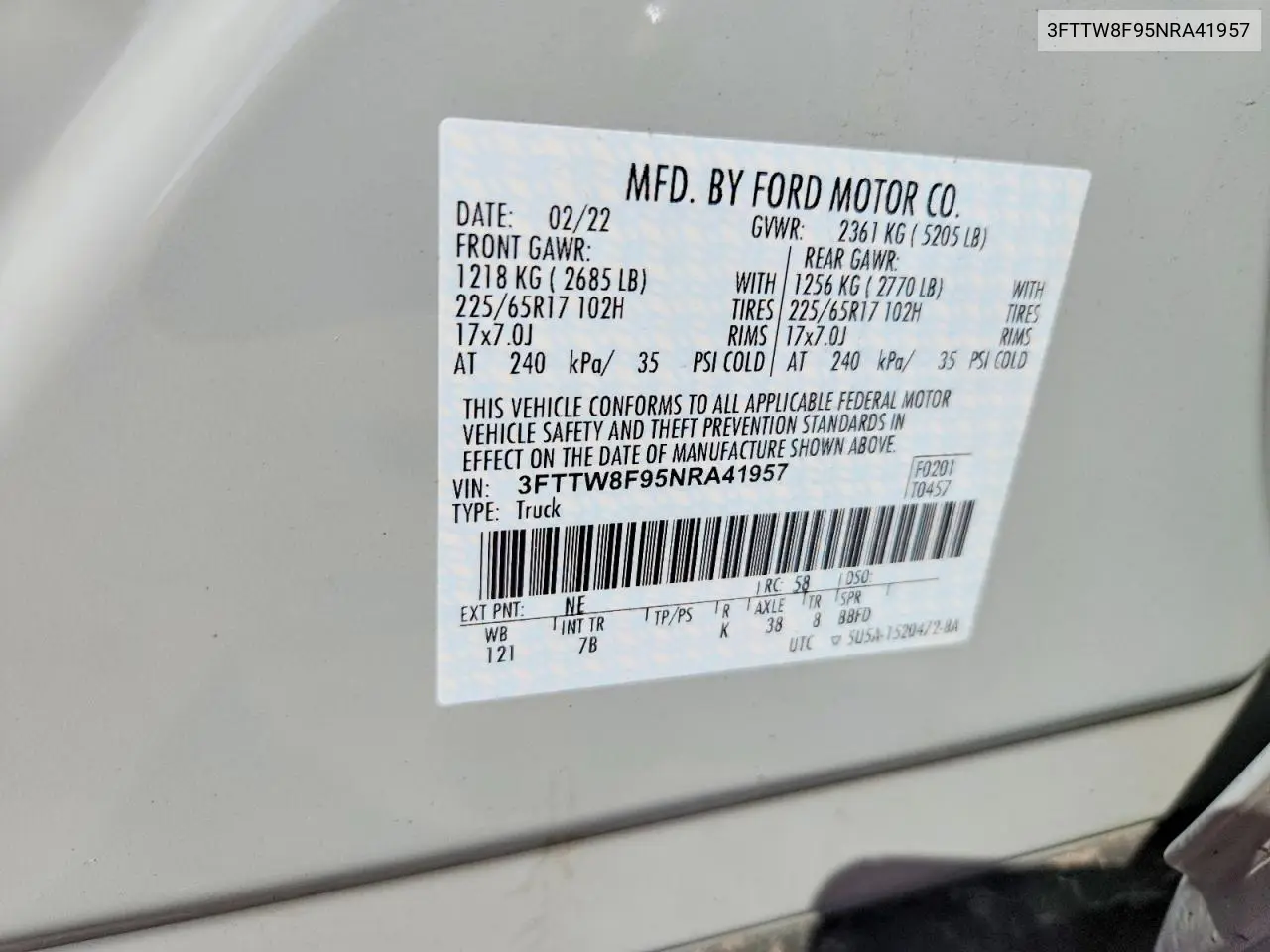 2022 Ford Maverick Xl VIN: 3FTTW8F95NRA41957 Lot: 60640336