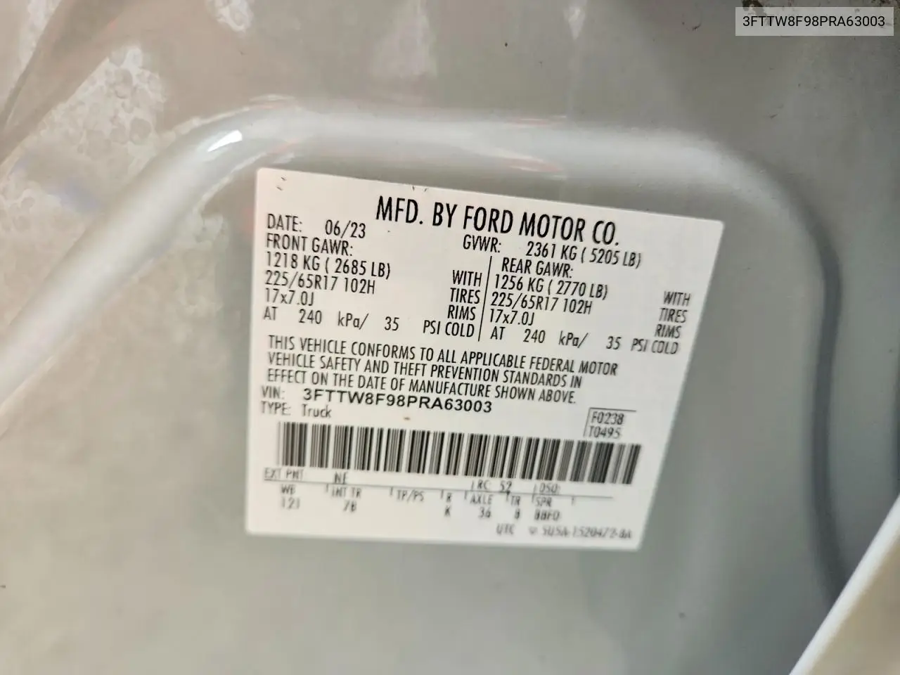 2023 Ford Maverick Xl VIN: 3FTTW8F98PRA63003 Lot: 58789136