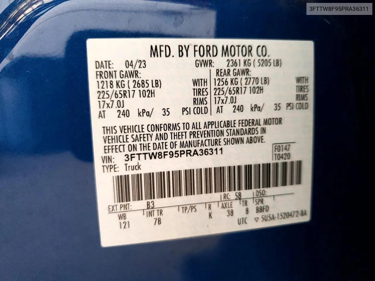 2023 Ford Maverick Xl VIN: 3FTTW8F95PRA36311 Lot: 61489326