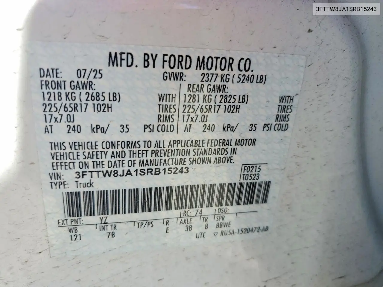 2025 Ford Maverick Xlt VIN: 3FTTW8JA1SRB15243 Lot: 60217566