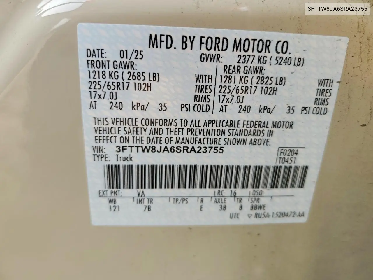 2025 Ford Maverick Xlt VIN: 3FTTW8JA6SRA23755 Lot: 61474716