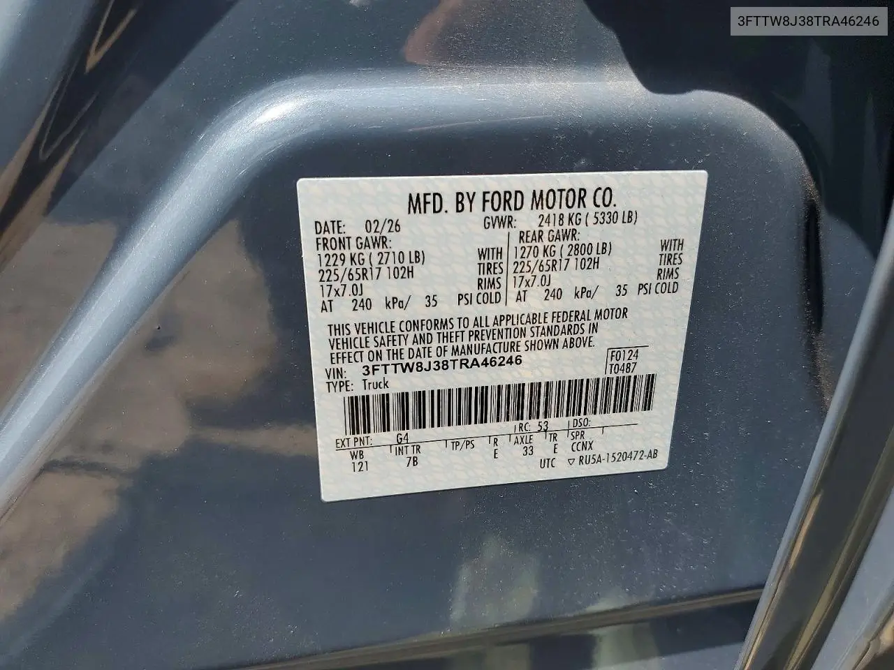 2026 Ford Maverick Xlt VIN: 3FTTW8J38TRA46246 Lot: 59220636