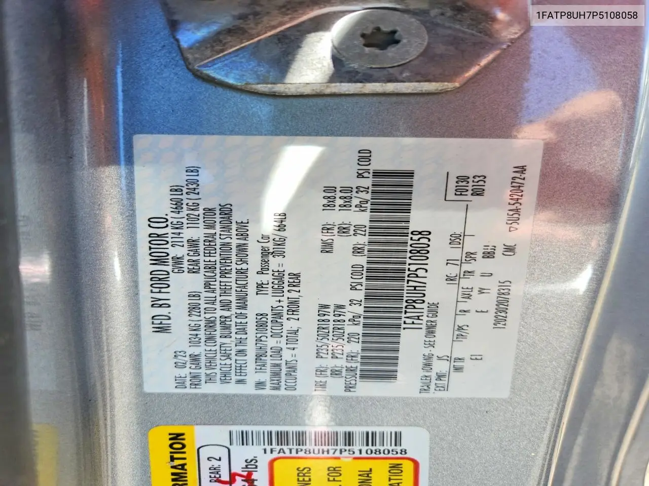 2023 Ford Mustang VIN: 1FATP8UH7P5108058 Lot: 61627806