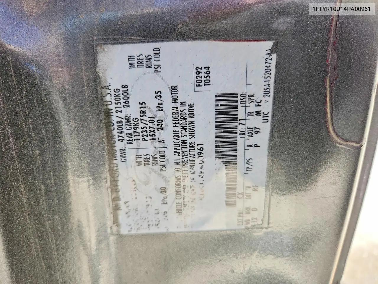 2004 Ford Ranger VIN: 1FTYR10U14PA00961 Lot: 59730666